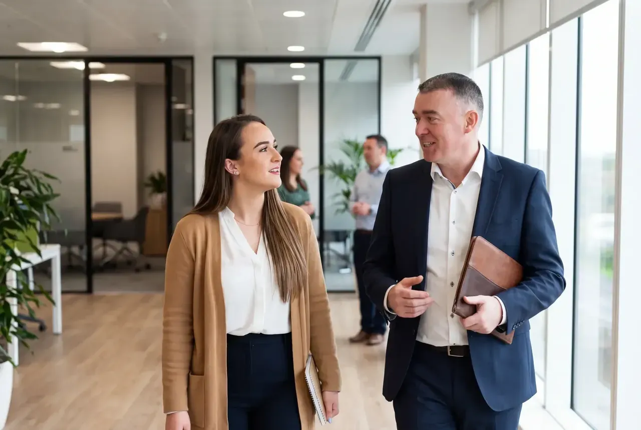 Two PurpleTree HR consultants talking through a case in the office